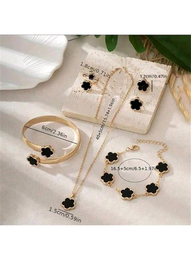 Shein This 5-piece jewelry set is a perfect choice for modern women. Beautifully designed with a lucky flower pattern, it includes multiple accessories. - Image 3