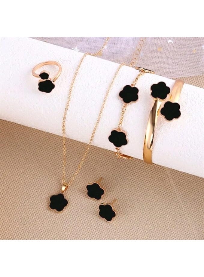 Shein This 5-piece jewelry set is a perfect choice for modern women. Beautifully designed with a lucky flower pattern, it includes multiple accessories. - Image 1