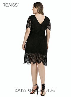 roaiss Women's Elegant Round Neck V-Back Wedding Guest Floral Lace Cocktail Party A Line Knee Length Dress Plus Size Hollow Out Short T-Shirt Dress Black  - Image 5