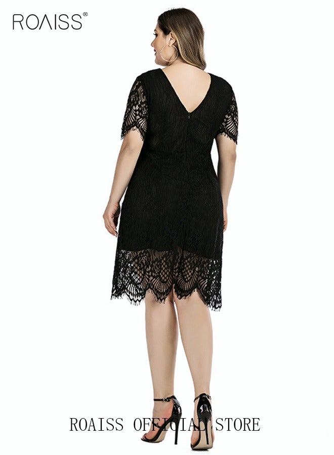 roaiss Women's Elegant Round Neck V-Back Wedding Guest Floral Lace Cocktail Party A Line Knee Length Dress Plus Size Hollow Out Short T-Shirt Dress Black  - Image 5