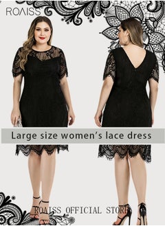 roaiss Women's Elegant Round Neck V-Back Wedding Guest Floral Lace Cocktail Party A Line Knee Length Dress Plus Size Hollow Out Short T-Shirt Dress Black  - Image 1