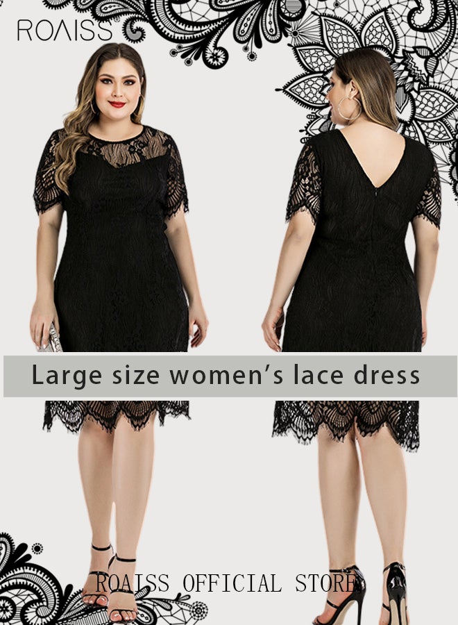 roaiss Women's Elegant Round Neck V-Back Wedding Guest Floral Lace Cocktail Party A Line Knee Length Dress Plus Size Hollow Out Short T-Shirt Dress Black  - Image 1