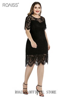 roaiss Women's Elegant Round Neck V-Back Wedding Guest Floral Lace Cocktail Party A Line Knee Length Dress Plus Size Hollow Out Short T-Shirt Dress Black  - Image 3