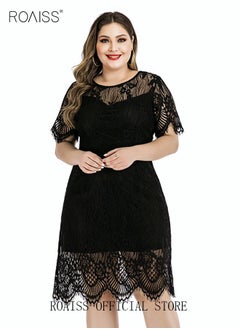 roaiss Women's Elegant Round Neck V-Back Wedding Guest Floral Lace Cocktail Party A Line Knee Length Dress Plus Size Hollow Out Short T-Shirt Dress Black  - Image 2