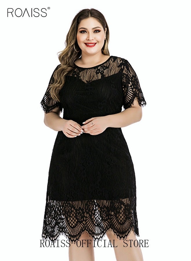 roaiss Women's Elegant Round Neck V-Back Wedding Guest Floral Lace Cocktail Party A Line Knee Length Dress Plus Size Hollow Out Short T-Shirt Dress Black  - Image 2