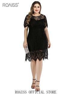 roaiss Women's Elegant Round Neck V-Back Wedding Guest Floral Lace Cocktail Party A Line Knee Length Dress Plus Size Hollow Out Short T-Shirt Dress Black  - Image 4