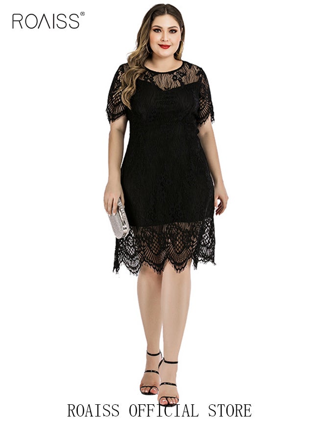 roaiss Women's Elegant Round Neck V-Back Wedding Guest Floral Lace Cocktail Party A Line Knee Length Dress Plus Size Hollow Out Short T-Shirt Dress Black  - Image 4