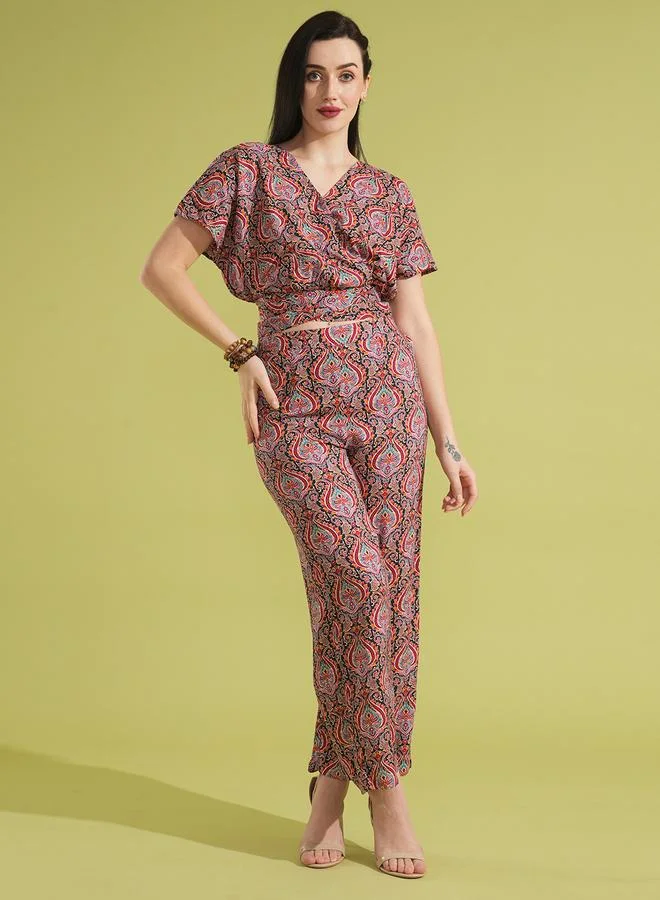 جلو باص Globus Ethnic Print Back Tie-Up Crop Top and Trousers Co-Ords