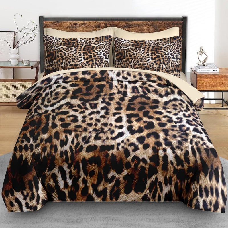Pamnest Comforter Set Queen Size, Leopard Animal Cheetah 7 Pcs Bedding for Kids and Adults, Painting African Cat Bed Sheet Sets with Fitted Sheet 2 Pillowcases & 2 Shams for Bedroom Bed Decor - Image 3