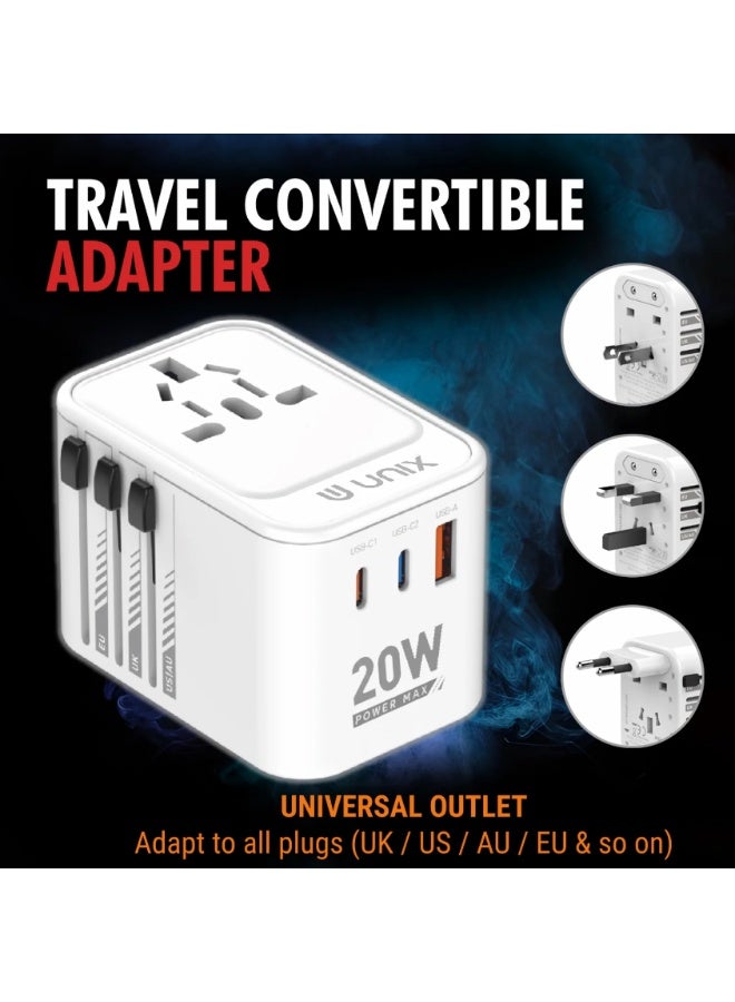 يونيكس محول سفر عالمي يونكس UX-230 | محول عالمي مع USB-C PD 20W وUSB-A QC 3.0 | محول متعدد المقابس للهواتف، اللابتوب والأجهزة اللوحية | متوافق عالميًا | أبيض - Image 3