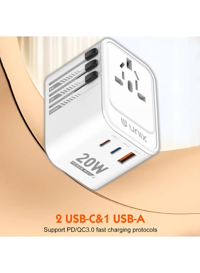 يونيكس محول سفر عالمي يونكس UX-230 | محول عالمي مع USB-C PD 20W وUSB-A QC 3.0 | محول متعدد المقابس للهواتف، اللابتوب والأجهزة اللوحية | متوافق عالميًا | أبيض - Image 4