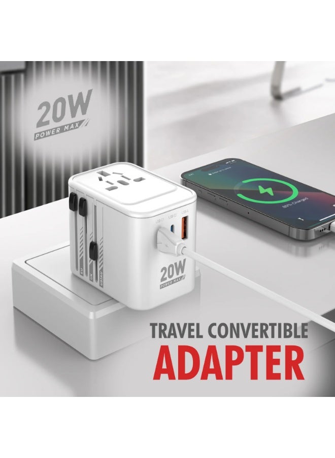 يونيكس محول سفر عالمي يونكس UX-230 | محول عالمي مع USB-C PD 20W وUSB-A QC 3.0 | محول متعدد المقابس للهواتف، اللابتوب والأجهزة اللوحية | متوافق عالميًا | أبيض - Image 2