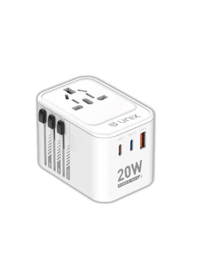 يونيكس محول سفر عالمي يونكس UX-230 | محول عالمي مع USB-C PD 20W وUSB-A QC 3.0 | محول متعدد المقابس للهواتف، اللابتوب والأجهزة اللوحية | متوافق عالميًا | أبيض - Image 1