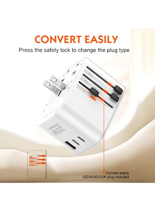 يونيكس محول سفر عالمي يونكس UX-230 | محول عالمي مع USB-C PD 20W وUSB-A QC 3.0 | محول متعدد المقابس للهواتف، اللابتوب والأجهزة اللوحية | متوافق عالميًا | أبيض - Image 5