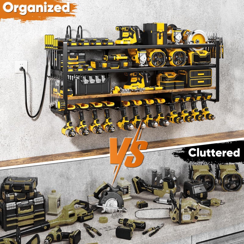 POKIPO 49.5" W Large Power Tool Organizer with Charging Station, 4 Layer Heavy Duty Utility Rack Loads 800lbs, Holds 8 Cordless Drills, Wall Mount Tool Shelf with 8-Outlet Power Strip, Gift for Men - Image 5