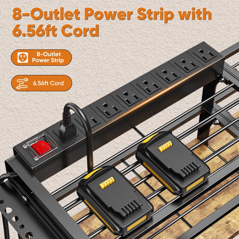 POKIPO 49.5" W Large Power Tool Organizer with Charging Station, 4 Layer Heavy Duty Utility Rack Loads 800lbs, Holds 8 Cordless Drills, Wall Mount Tool Shelf with 8-Outlet Power Strip, Gift for Men - Image 3