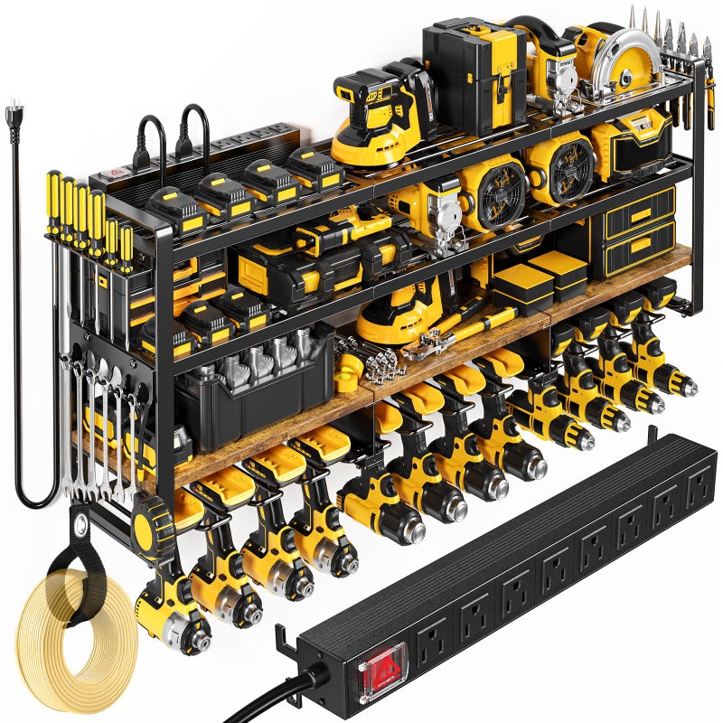 POKIPO 49.5" W Large Power Tool Organizer with Charging Station, 4 Layer Heavy Duty Utility Rack Loads 800lbs, Holds 8 Cordless Drills, Wall Mount Tool Shelf with 8-Outlet Power Strip, Gift for Men - Image 1