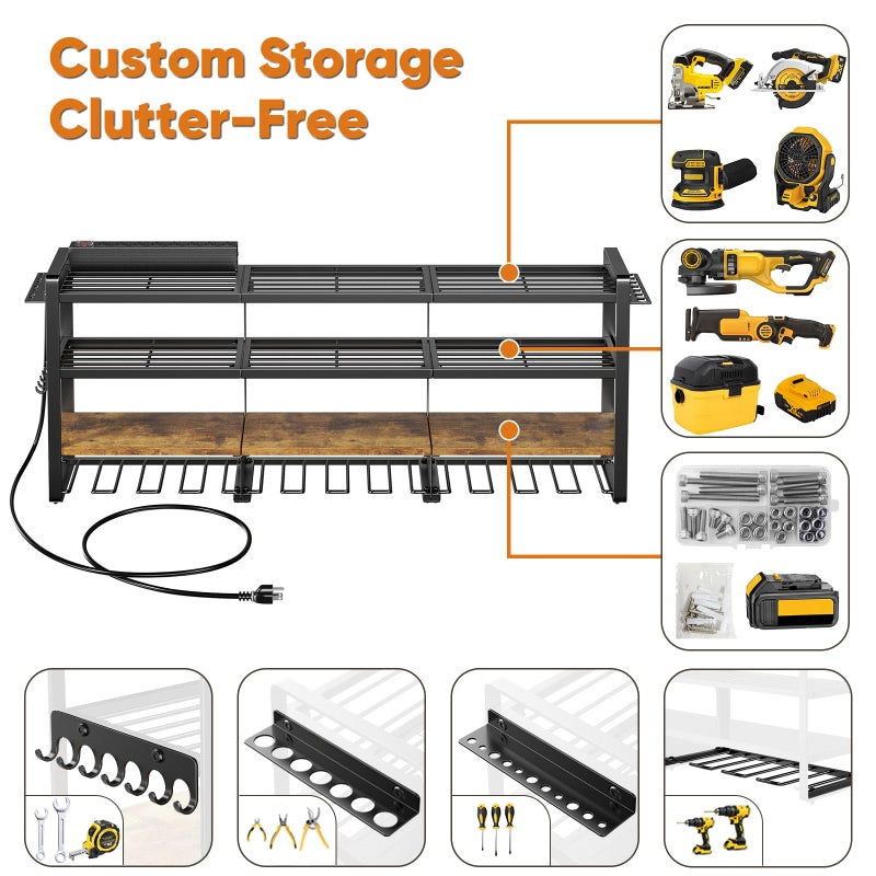 POKIPO 49.5" W Large Power Tool Organizer with Charging Station, 4 Layer Heavy Duty Utility Rack Loads 800lbs, Holds 8 Cordless Drills, Wall Mount Tool Shelf with 8-Outlet Power Strip, Gift for Men - Image 2