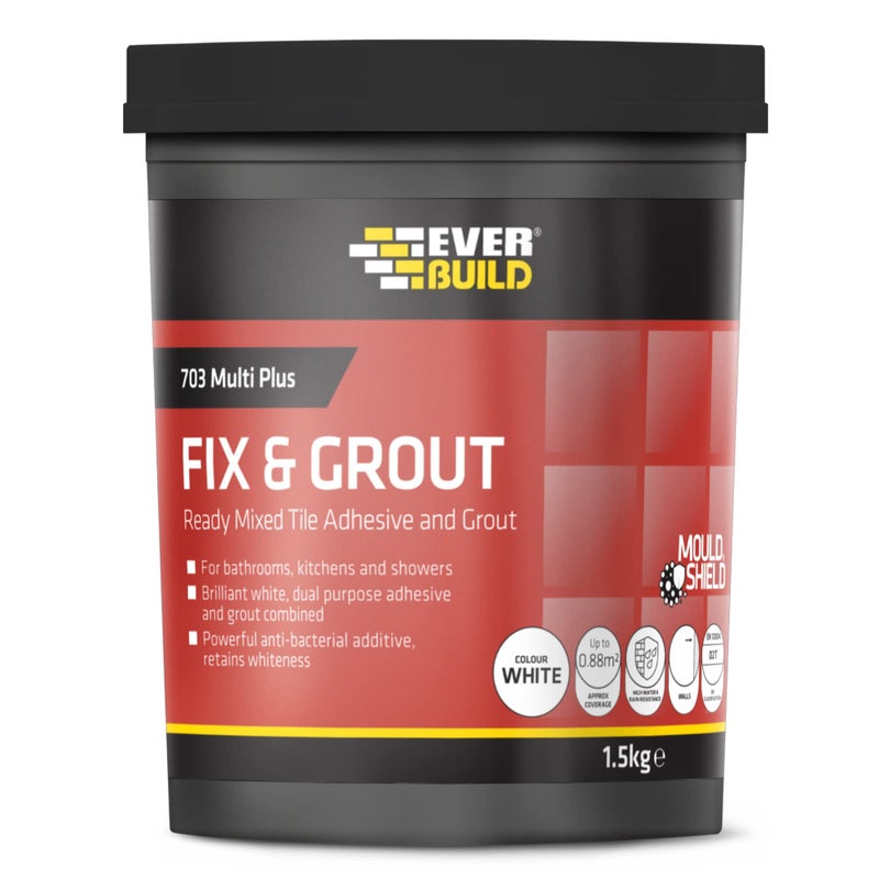 Everbuild 703 Fix And Grout Tile Adhesive – Ready Mixed – Anti-Mould – Water Resistant – High Strength – Brilliant White – 1.5kg - Image 1