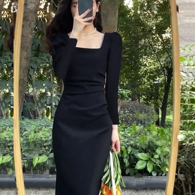 Autumn 2024 New French Hepburn Style Slim Fit Slim Elegant Goddess Style Split Mid-Length dress Black Long Sleeve] 