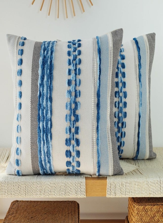 JOJUSIS Pack of 2 Boho Throw Pillow Covers Accent Striped Pillowcovers Farmhouse Decorative Cushion Case Home Decor 18 x 18 Inch Blue - Image 1
