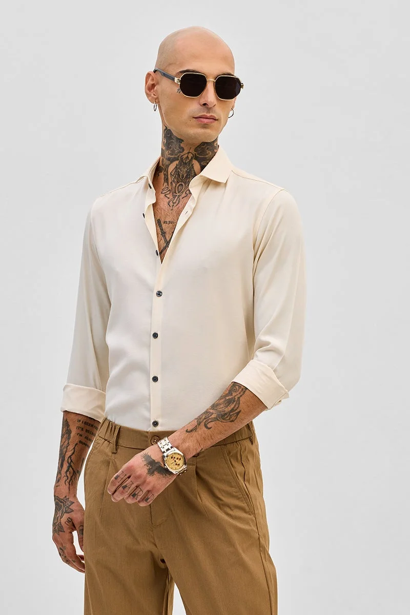 SNITCH Cream Solid Long Sleeve Slim Fit Formal Shirt