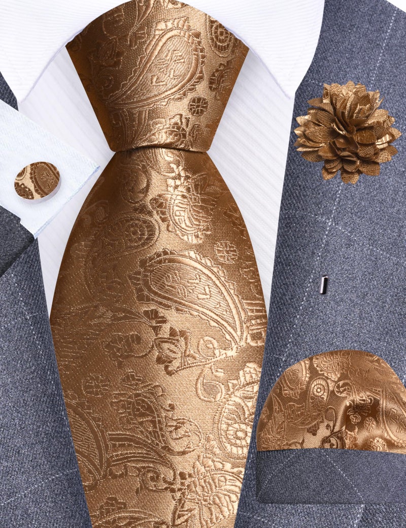 GUSLESON Tan Mens Paisley Wedding Necktie Pocket Square Cufflinks and Lapel Pin Brooch Set (IN6105-16) - Image 2