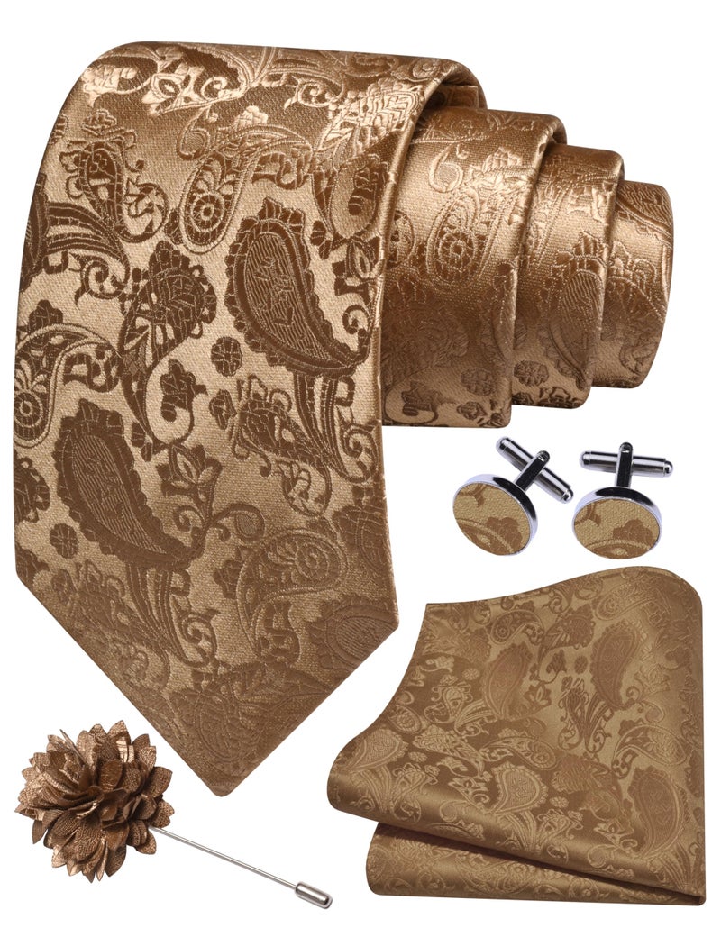 GUSLESON Tan Mens Paisley Wedding Necktie Pocket Square Cufflinks and Lapel Pin Brooch Set (IN6105-16) - Image 1