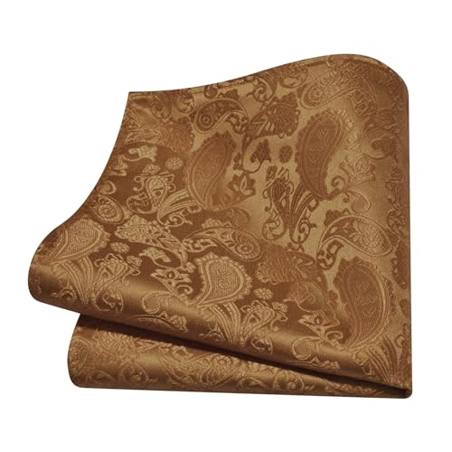 GUSLESON Tan Mens Paisley Wedding Necktie Pocket Square Cufflinks and Lapel Pin Brooch Set (IN6105-16) - Image 3