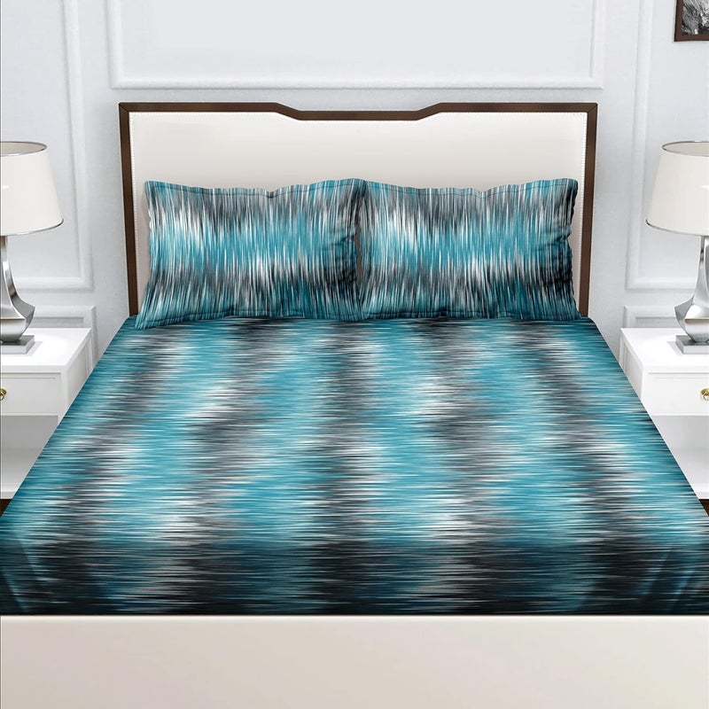 Bella Casa Double Bedsheet with 2 Pillow Covers 180 TC 100 Cotton Abstract Design Sky Blue Brown Colour Radiant Collection - Image 1