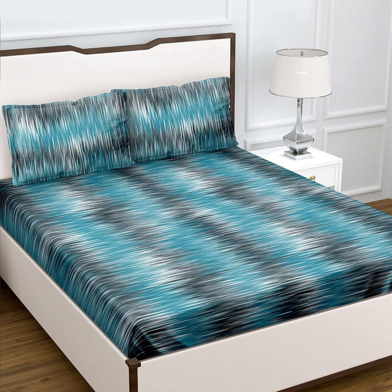 Bella Casa Double Bedsheet with 2 Pillow Covers 180 TC 100 Cotton Abstract Design Sky Blue Brown Colour Radiant Collection - Image 2