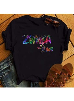 Zumba Floral Print Short Sleeve T-Shirt Womens Top Fashionable Casual Style round Neck Fit Type Polyester Fiber Modal Fabric 28-Black