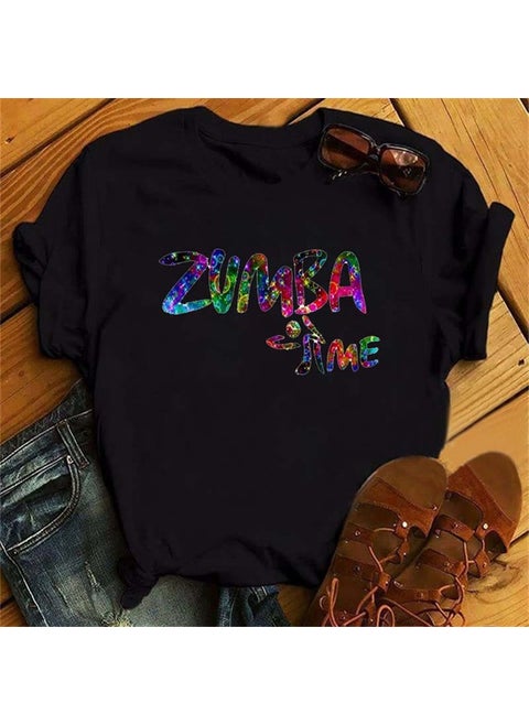Zumba Floral Print Short Sleeve T-Shirt Womens Top Fashionable Casual Style round Neck Fit Type Polyester Fiber Modal Fabric 28-Black