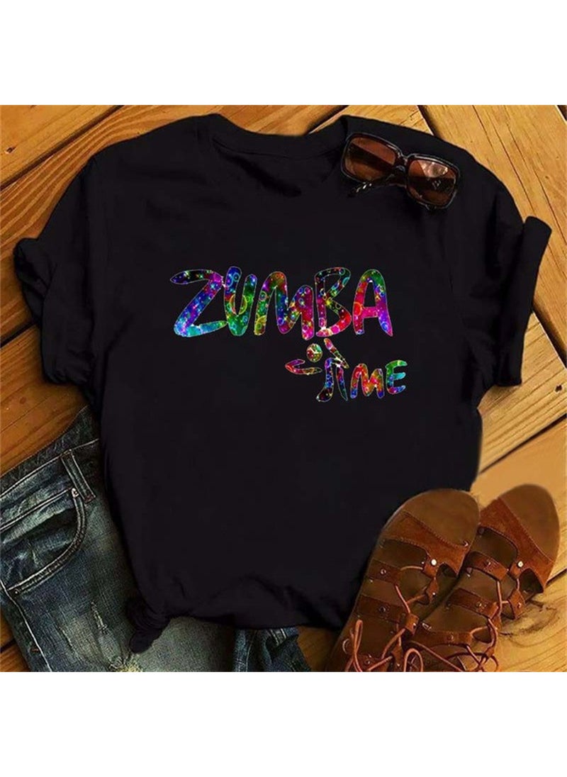 Generic - Zumba Floral Print Short Sleeve T-Shirt Womens Top Fashionable Casual Style round Neck Fit Type Polyester Fiber Modal Fabric 28-Black - Image 1