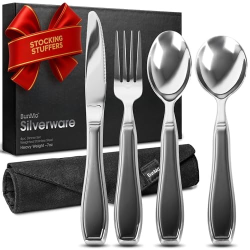 BunMo Weighted Utensils for Tremors and Parkinsons Patients - Heavy Weight Silverware Set of Knife, Fork and Spoon - Parkinsons Gifts for People with Parkinson's - Adaptive Eating Flatware (4 Pieces) - Image 1