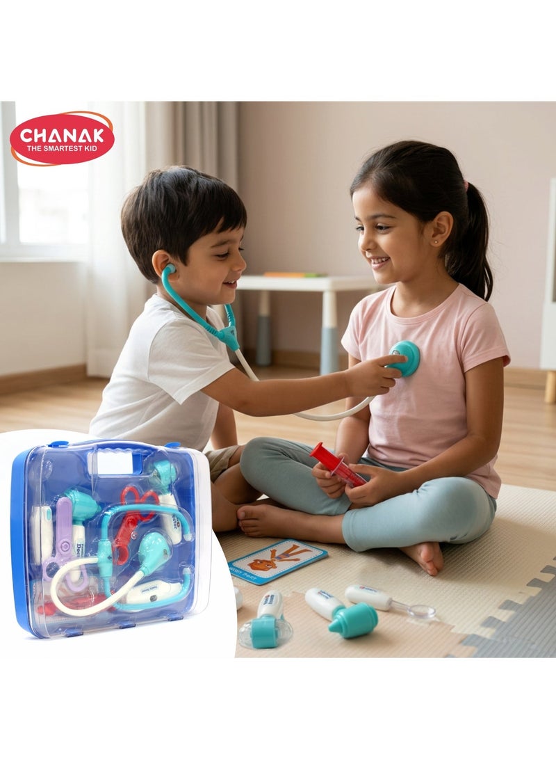 Chanak Premium Doctor Set Briefcase for Kids, Doctor Set with LED Light Instruments, Pretend Play Doctor Set for Kids Above 3 Years, 9 Piece Doctor Kit for Boys & Girls,  (Transparent Briefcase Blue Instruments) - Image 1