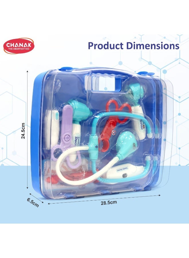 Chanak Premium Doctor Set Briefcase for Kids, Doctor Set with LED Light Instruments, Pretend Play Doctor Set for Kids Above 3 Years, 9 Piece Doctor Kit for Boys & Girls,  (Transparent Briefcase Blue Instruments) - Image 4