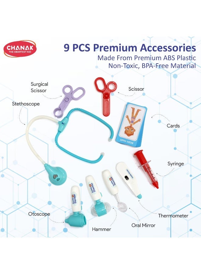 Chanak Premium Doctor Set Briefcase for Kids, Doctor Set with LED Light Instruments, Pretend Play Doctor Set for Kids Above 3 Years, 9 Piece Doctor Kit for Boys & Girls,  (Transparent Briefcase Blue Instruments) - Image 5
