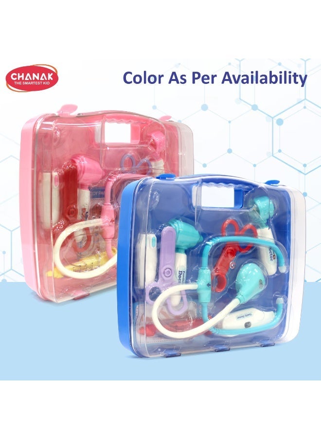 Chanak Premium Doctor Set Briefcase for Kids, Doctor Set with LED Light Instruments, Pretend Play Doctor Set for Kids Above 3 Years, 9 Piece Doctor Kit for Boys & Girls,  (Transparent Briefcase Blue Instruments) - Image 3