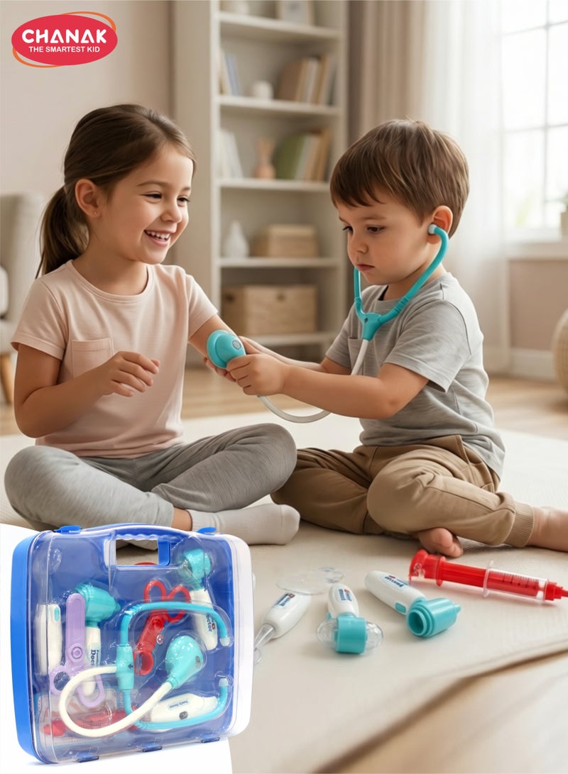 Chanak Premium Doctor Set Briefcase for Kids, Doctor Set with LED Light Instruments, Pretend Play Doctor Set for Kids Above 3 Years, 9 Piece Doctor Kit for Boys & Girls,  (Transparent Briefcase Blue Instruments) - Image 1