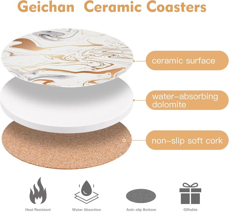 Geichan Gold Coasters, Absorbent Marble Coasters with Non-Slip Cork Base, Drinks Coasters with Holder for Kinds of Cups, Tables,Home Decor - Image 3