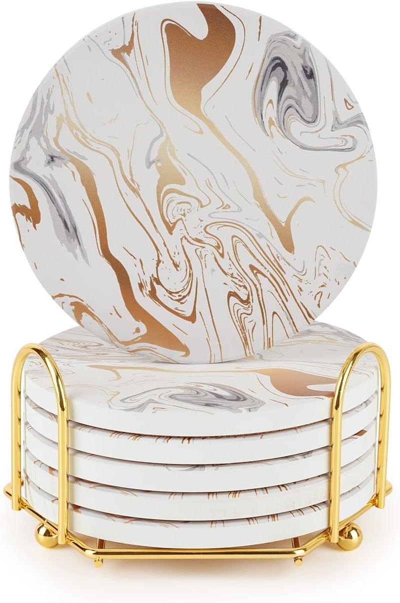 Geichan Gold Coasters, Absorbent Marble Coasters with Non-Slip Cork Base, Drinks Coasters with Holder for Kinds of Cups, Tables,Home Decor - Image 1