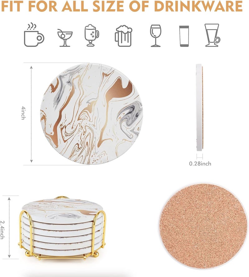 Geichan Gold Coasters, Absorbent Marble Coasters with Non-Slip Cork Base, Drinks Coasters with Holder for Kinds of Cups, Tables,Home Decor - Image 4