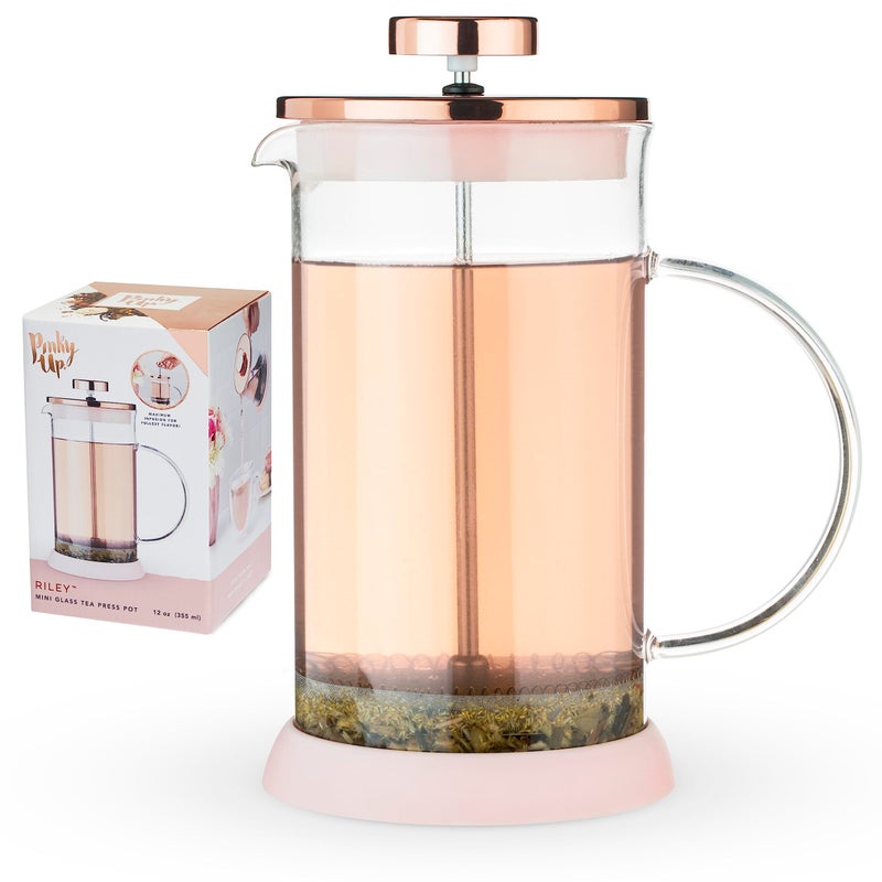 Pinky Up Riley Mini Glass Tea Press Pot Coffee Maker French Press for Loose Leaf Tea and Coffee Hot or Iced Beverage Brewer 12 oz Pink
