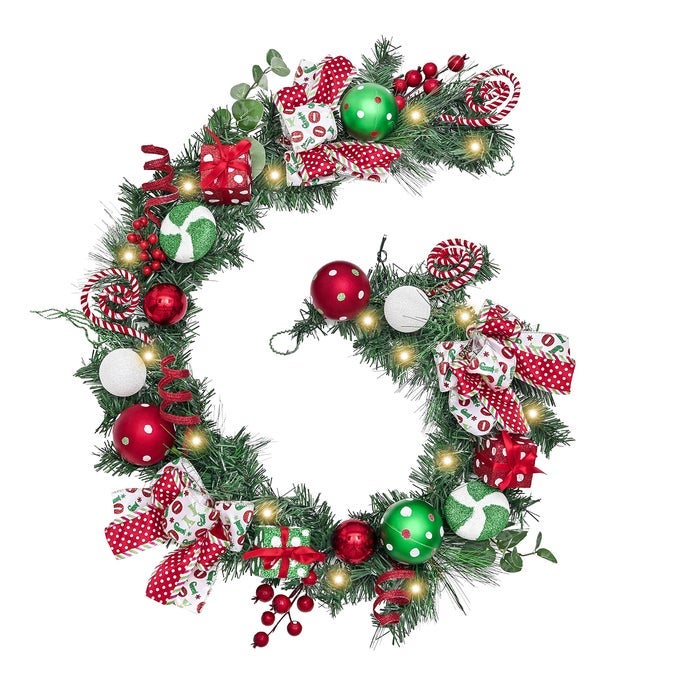 6 FEET PRELIT CHRISTMAS GARLAND WITH LIGHTS FOR MANTLE LIGHTED BATTERY OPERATED XMAS GARLAND WITH RED GREEN WHITE BALLS FOR FRONT DOOR FIREPLACE TABLE CENTERPIECE OUTDOOR HOME DECOR