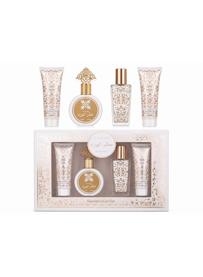 مجموعة عطور V.V.LOVE عطر الورد (Roseed Albur) الفاخرة - لوشن الجسم، رذاذ الجسم، عطر أو دو بارفان، جل الاستحمام