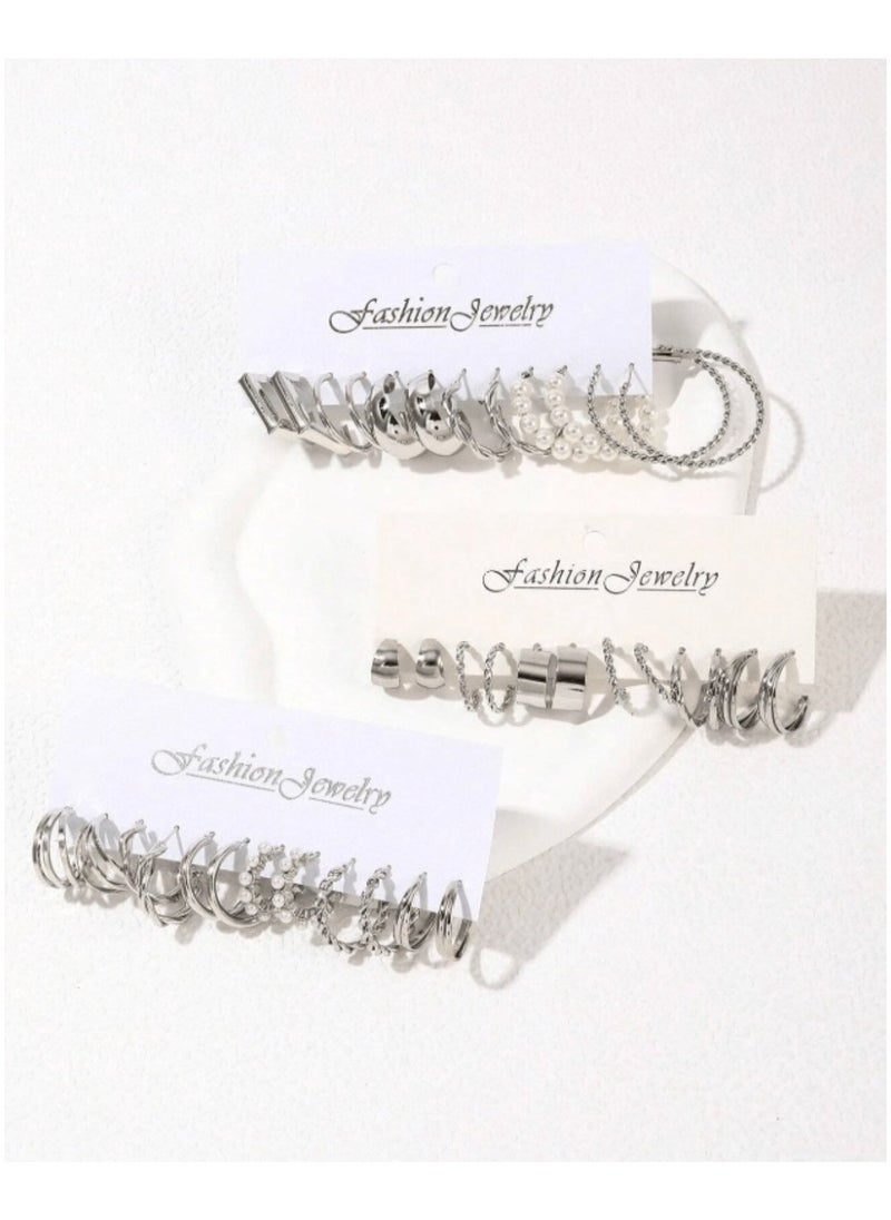 Huitich Trendy Silver-Tone Hoop & Pearl Earrings 18-Piece Fashion Set  - Image 2