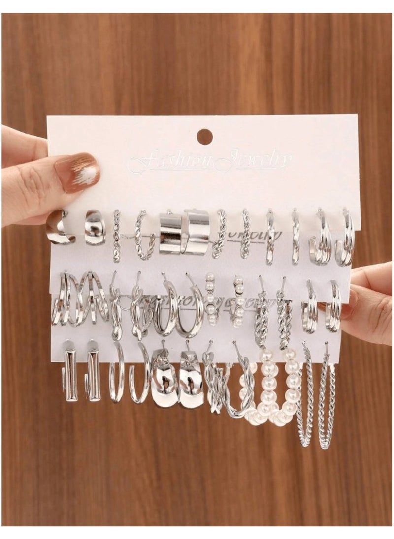 Huitich Trendy Silver-Tone Hoop & Pearl Earrings 18-Piece Fashion Set  - Image 3