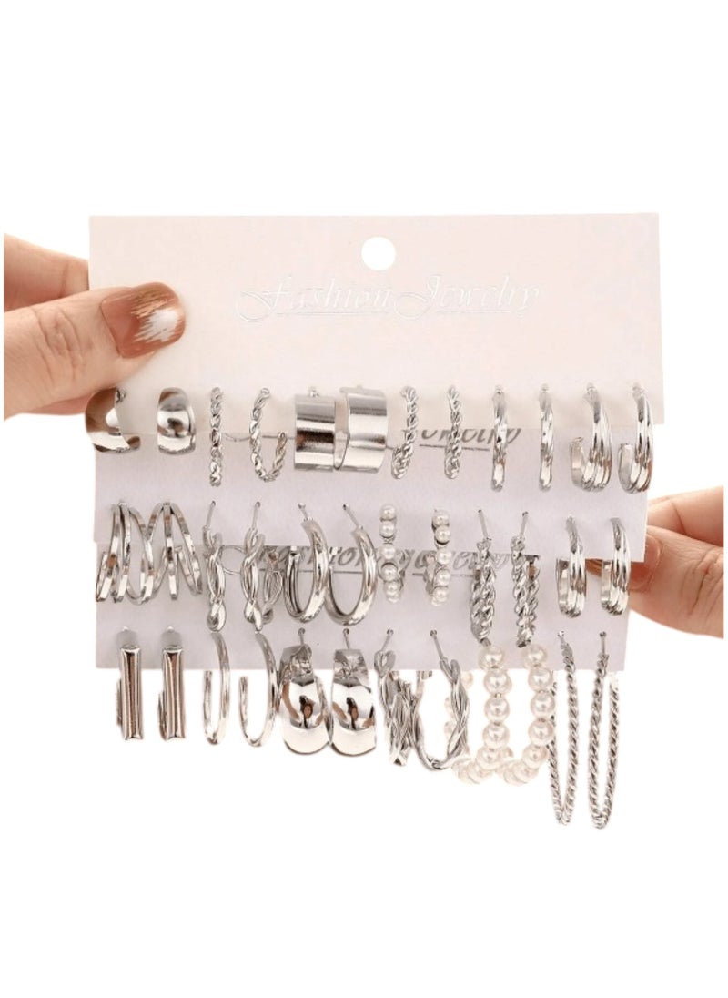 Huitich Trendy Silver-Tone Hoop & Pearl Earrings 18-Piece Fashion Set  - Image 1