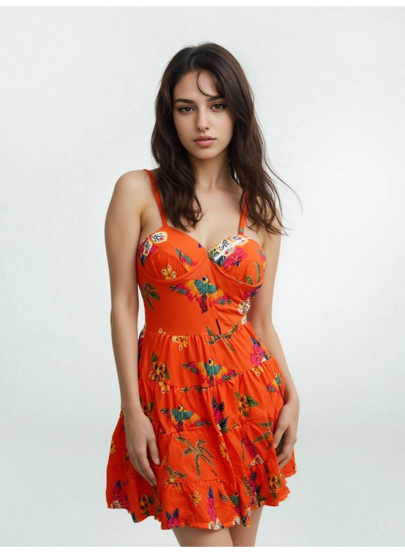 فساتين نسائية فستان صيفي مزهر بفتحة رقبة على شكل مع طبعة ورود - Image 1